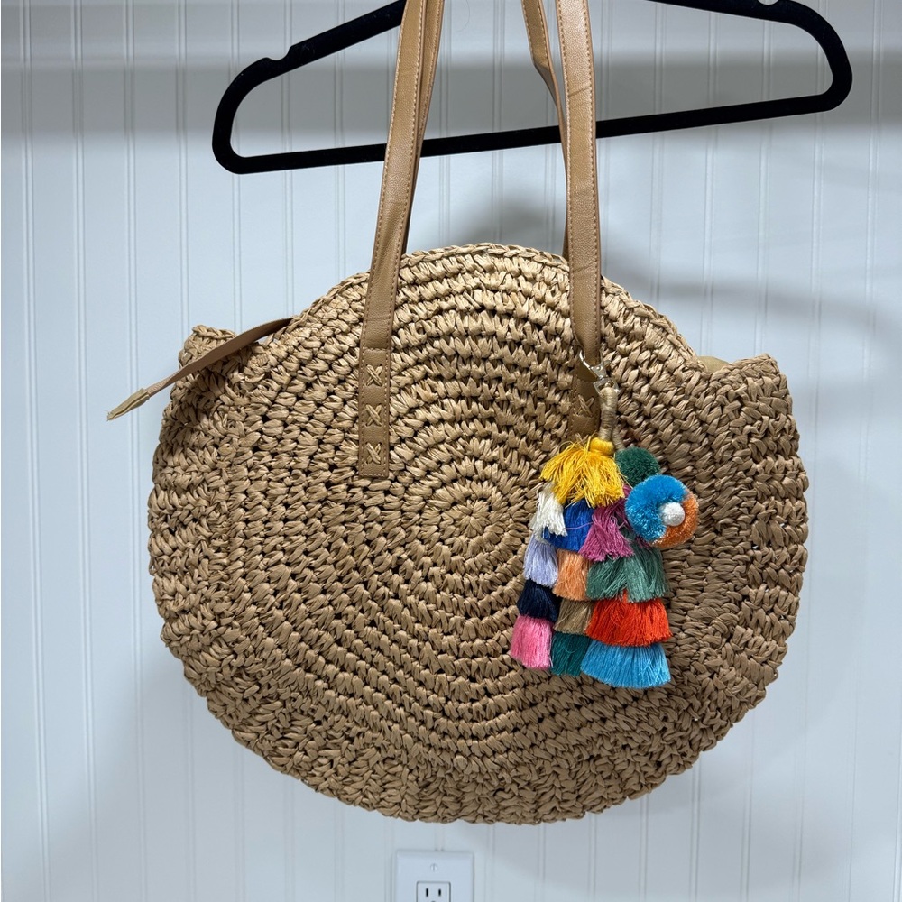 Handcrafted Tan Straw Tote Bag with Colorful Tassel